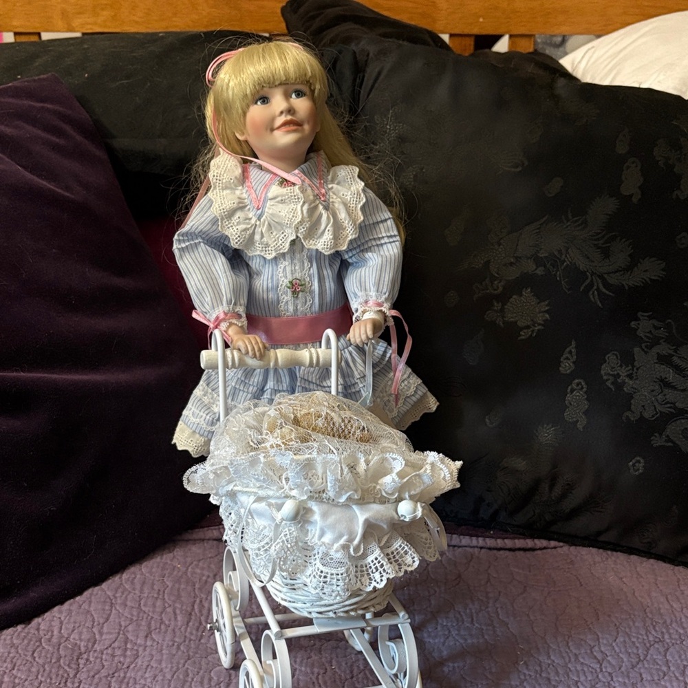 Rebecca by Heritage Porcelain Doll with Lace Stroller pushing her doll and bear
